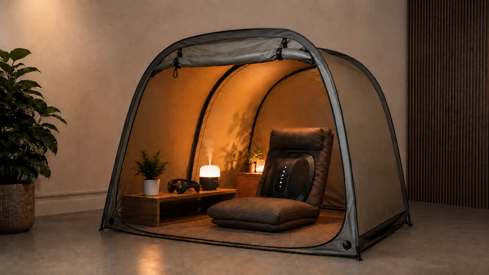 Reset Pod with massage chair, Muse headband and aromatherapy diffuser