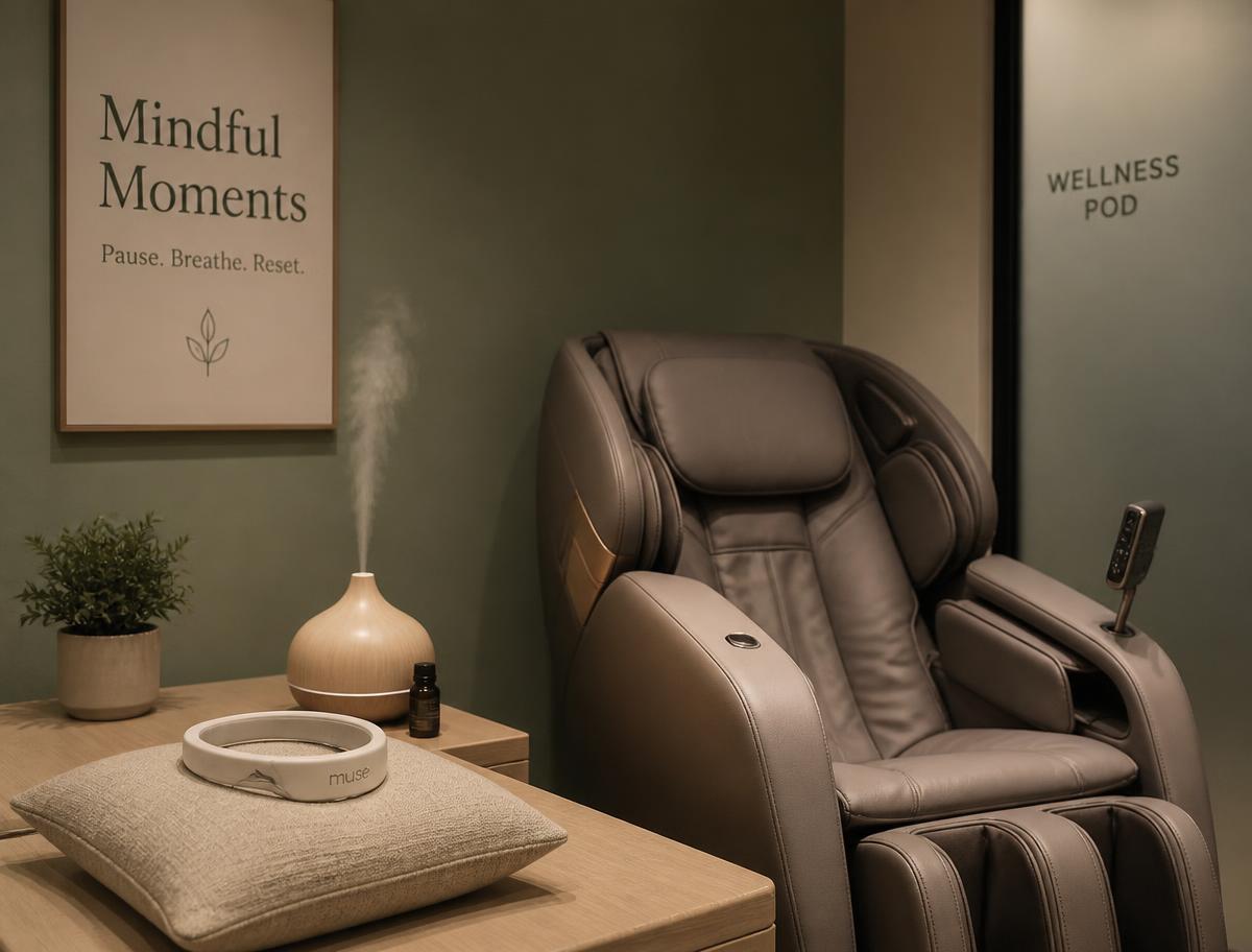 A calm Reset Pod corner with a massage chair, Muse headband and aromatherapy diffuser